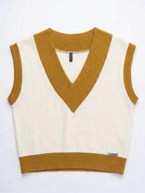 Contrast-Trim V-Neck Sleeveless Sweater - Cream & Mustard